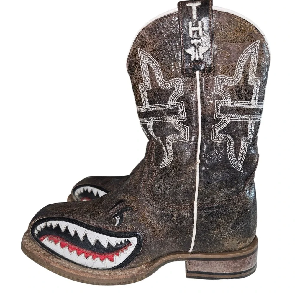 Tin Haul Kids Sharky Brown Leather Western Cowboy Boots Size 6 14-12-0297-712